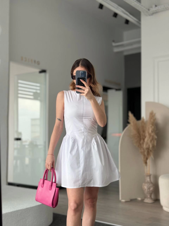 Fermuar Detaylı Mini Elbise - Beyaz