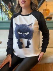 Kadın Uzun Kollu Bisiklet Yaka Kedi Baskılı şardonlu Dalgıç Bluz
