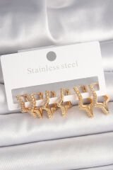 Pirinç Gold Renk Zirkon Taşlı 3 Çift Yıldız Model Kadın Küpe