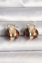 Pirinç Gold Renk Leopar Desen 3D Daire Model Kadın Küpe