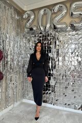 Siyah Kolları Şifon Arka Bel Detaylı Elbise