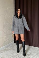 Gri Armalı Kapşonlu Peluş Ceket
