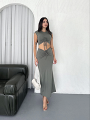 Osy Modal Yumuşak Dokulu Kumaş Büzgülü Crop Etek Takım - Mint Yeşili