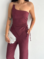 Asimetrik Crop Pantalon Ikili Takım - Gül Kurusu