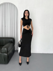 Osy Modal Yumuşak Dokulu Kumaş  Büzgülü Crop Etek Takım - Siyah