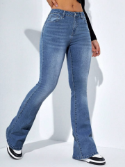 Kadın Yüksek Bel Cepli İspanyol Paçalı Kot Jeans Pantolon