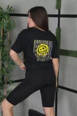 Unisex Bisiklet Yaka Baskılı Oversize T-Shirt - Siyah