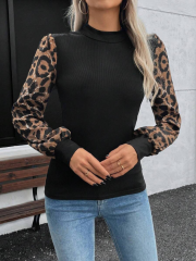 Kadın Uzun Kollu Yarı Balıkçı Yaka Leopar Detaylı Kaşkorse Bluz