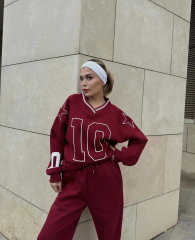 V Yaka Üç İplik Sweat Takım - Bordo