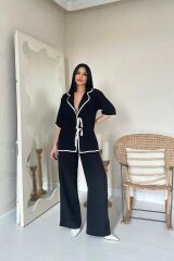 Siyah Biye Detaylı Keten Takım