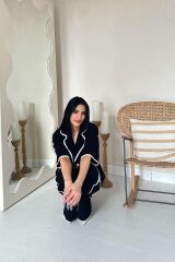 Siyah Biye Detaylı Keten Takım