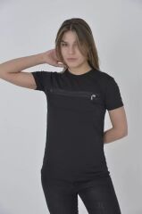 Göğüste Fermuar Aksesuarlı Dar Kalıp T-Shirt - Siyah