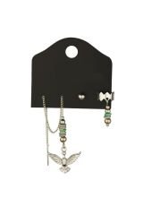 Kuş Obje Kombin Küpe Set Silver Renk Yeşil Gri