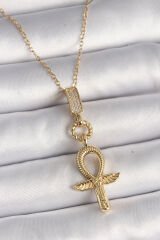 316L Çelik Gold Renk Zincir Zirkon Taşlı Ankh Model Kadın Kolye