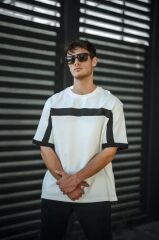 Unisex Yandan Fermuarlı Parçalı T-Shirt - Beyaz