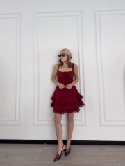 Fırfırlı Askılı Mini Elbise - Bordo