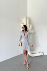POLYVİSKON CROP CEKET - EKOSE PİLE DETAYLI ETEK TAKIM - Gri