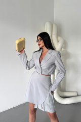 POLYVİSKON CROP CEKET - EKOSE PİLE DETAYLI ETEK TAKIM - Gri