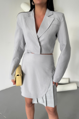 POLYVİSKON CROP CEKET - EKOSE PİLE DETAYLI ETEK TAKIM - Gri