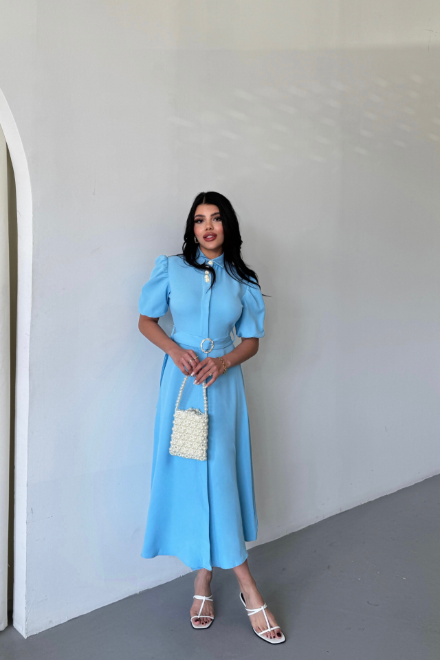 YAKA DÜĞME DETAYLI ELBİSE- Mavi