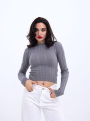 42491 TRİKO SAÇ ÖRGÜ CROP KAZAK-GRİ