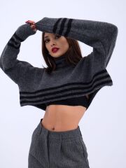 43241 TRİKO ÇİZGİLİ BALIKÇI CROP-SİYAH-EKRU