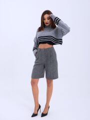 43241 TRİKO ÇİZGİLİ BALIKÇI CROP-GRİ-SİYAH