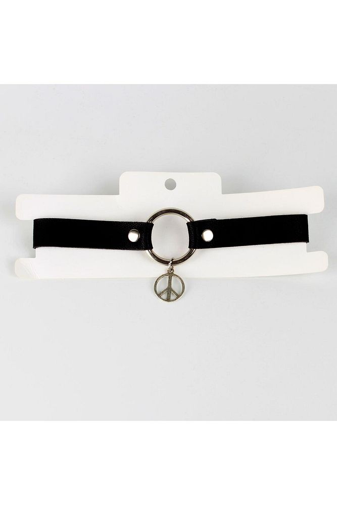 Peace Detay Tasarım Süet Deri Choker Tasma Kolye
