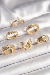 Pirinç Gold Renk Zirkon Taşlı İşleme Detaylı Kelebek Figürlü 6'Lı Kadın Yüzük Seti