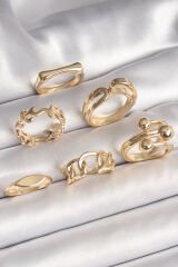 Pirinç Gold Renk Dal İşlemeli Yüzük Topçuk Detay 6'Lı Kadın Yüzük Seti