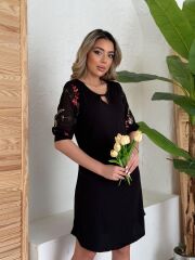Kadın Fakir Kol çiçek Desenli Tül Kol Bisiklet Yaka çiçek Desen Sandy Salaş Kısa Elbise
