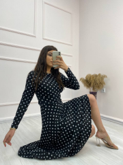 Kadın Krep Kumaş Uzun Kollu Tam Boy Puantiyeli Elbise 132 Cm
