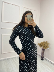 Kadın Krep Kumaş Uzun Kollu Tam Boy Puantiyeli Elbise 132 Cm