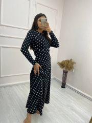 Kadın Krep Kumaş Uzun Kollu Tam Boy Puantiyeli Elbise 132 Cm