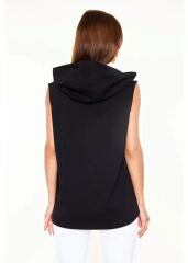 Unisex Kapşonlu Kolsuz Düz Oversize T-shirt - Siyah