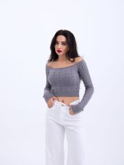 42241 TRİKO KAYIK YAKA CROP-GRİ