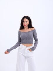 42241 TRİKO KAYIK YAKA CROP-GRİ