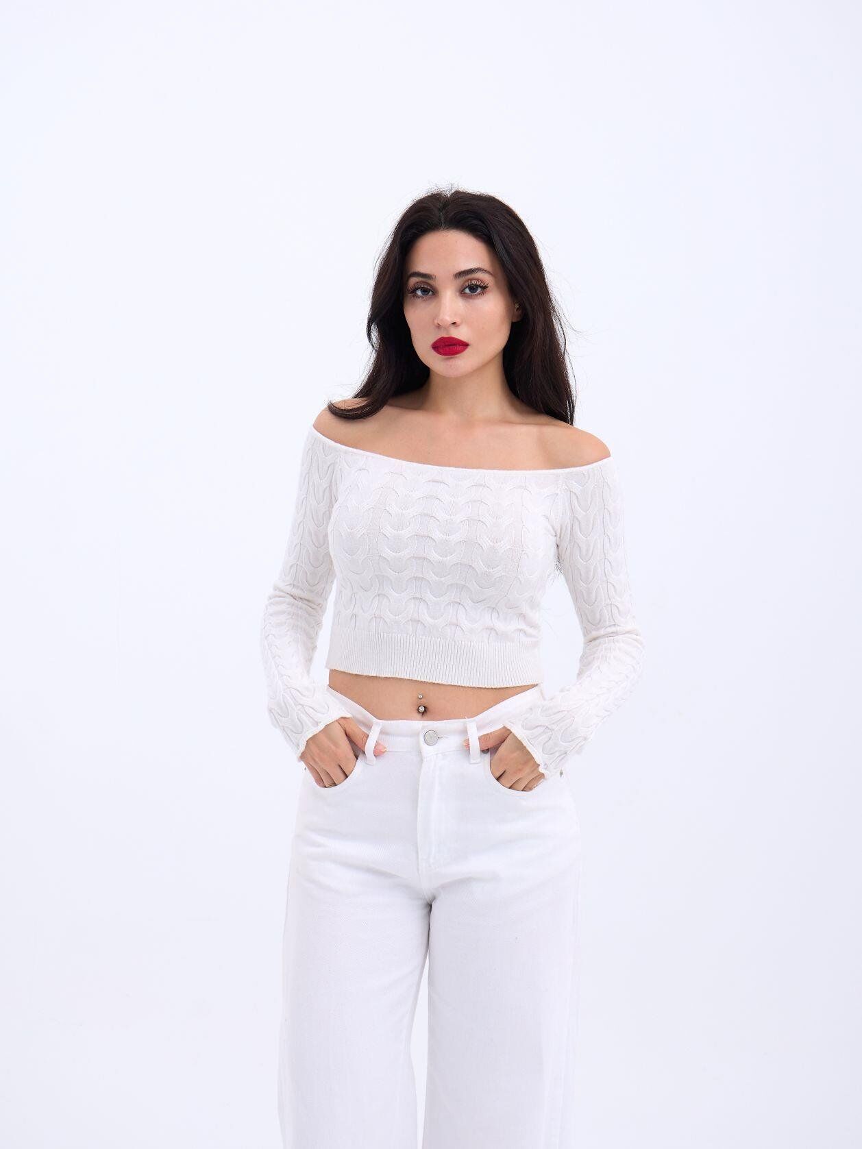 42241 TRİKO KAYIK YAKA CROP-EKRU