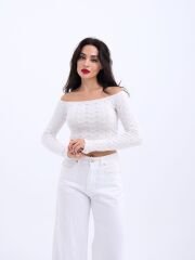 42241 TRİKO KAYIK YAKA CROP-EKRU